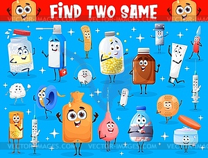 Find two same drugs, pill characters of kids game - vector image