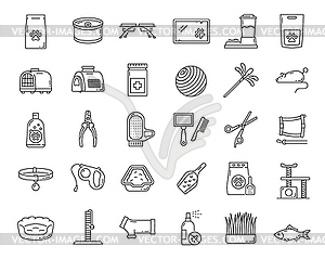 Cat or kitten pet care, food and toy outline icons - vector clipart