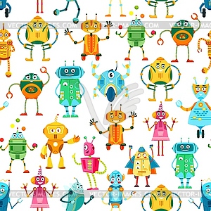 Cartoon funny robots and droids seamless pattern - vector image