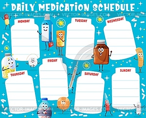 Daily medication schedule worksheet, cartoon pills - vector clipart