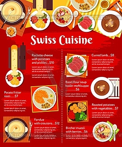 Swiss cuisine menu food, lunch and dinner meals - vector clipart