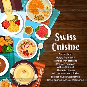 Swiss cuisine menu cover, Switzerland food dishes - vector image