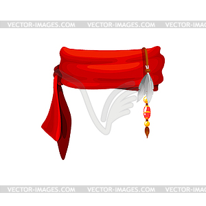 Red bandana pirate headwear, scarf with feathers - vector image