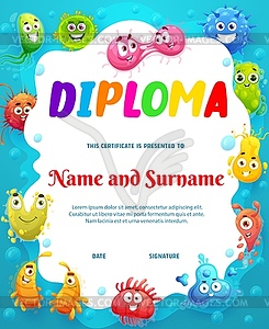 Kids diploma cartoon funny viruses, microbes - vector clipart