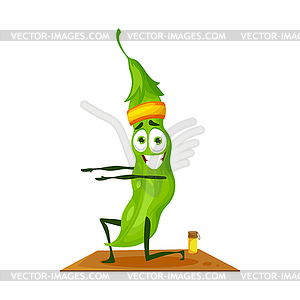 Green pea pod bean cartoon character fitness yoga - vector clipart