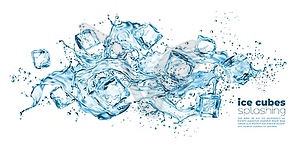 Realistic ice cubes and water wave splashes, drops - vector clipart