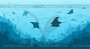 Underwater landscape background with manta ray - vector image