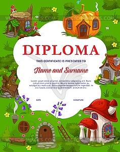 Kids diploma, fairy gnome and elf cartoon houses - vector clipart