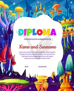 Fantasy magic cartoon mushrooms, kids diploma, - vector clip art