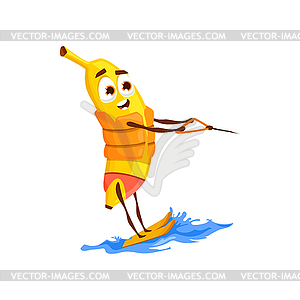 Cartoon character banana fruit on water skis surf - vector image