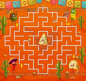 Kids maze labyrinth game with mexican food meals - vector clip art