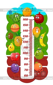 Kids height chart with cartoon fruits go for sport - vector clip art