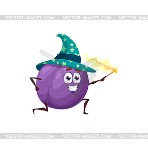 Cartoon purple plum fruit wizard or magician - vector image