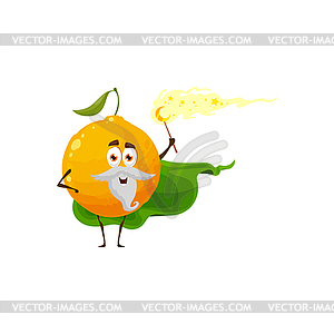 Cartoon orange fruit wizard or magician character - vector image
