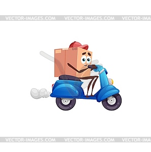 Cartoon box package on scooter, delivery service - vector clipart