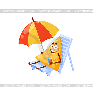 Nachos mexican cartoon food on sun bed, cocktail - vector clipart