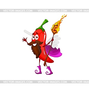 Cartoon mage chili pepper character with staff - vector clipart
