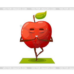 Red apple doing yoga exercises standing on one leg - vector image