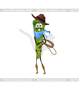 Cartoon asparagus cowboy character with lasso - vector image