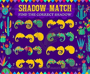 Mexican chameleon silhouettes, shadow match riddle - vector image