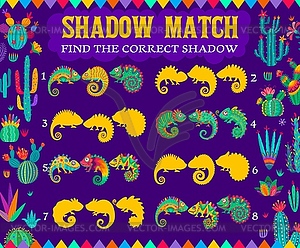 Mexican chameleon silhouettes, shadow match riddle - vector image