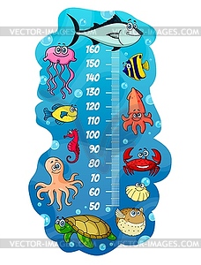 Kids height chart, cartoon sea animals - vector clip art