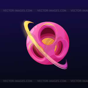 Fantastic space pink planet with craters and rings - vector image