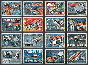 Astronauts, space shuttles and galaxy retro plates - vector clipart