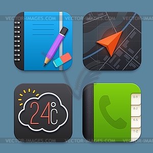 Notebook, navigation, phone book and weather icons - vector image