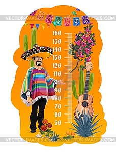 Kids height chart meter, mexican man with guitar - vector clipart