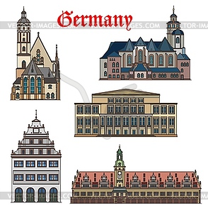 German architecture buildings, Leipzig landmarks - vector clip art