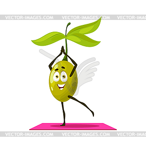 Olive berry cartoon character on yoga sport mat - vector clipart