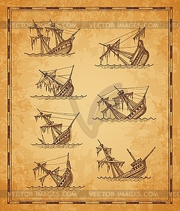 Sunken sailing ships sketch, vintage map elements - vector clip art
