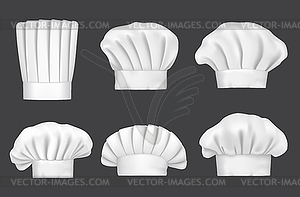 Chef hats, realistic 3D cook caps and baker toques - vector image