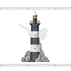 Sea lighthouse on shore with rocks icon - vector image