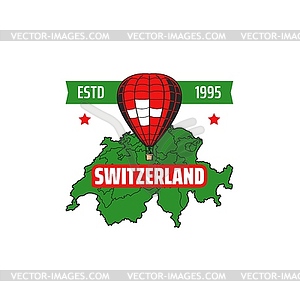 Switzerland map and hot air balloon retro icon - vector clip art