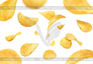 Flying and falling crispy wavy potato chips - vector image