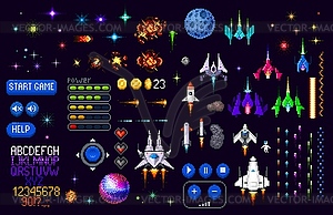 Space game asset 8 bit pixel art, planets, rockets - vector image