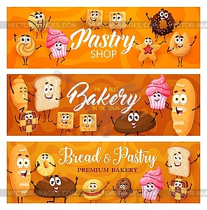 Мультяшный пекарня, кондитерские изделия торты или печенье персонажи - рисунок в векторе