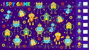 Cartoon robots, I spy game worksheet, kids puzzle - vector clip art