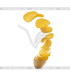 Реалистичные картофельные ломтики летающие превращающиеся в чипсы - векторный дизайн