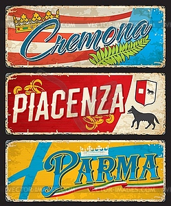 Cremona, Piacenza, Parma italian travel stickers - vector clipart