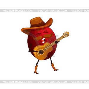 Cartoon passion fruit cowboy with guitar, mascot - vector clipart