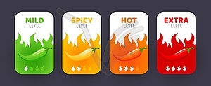 Spicy level labels, pepper fire flame, food flavor - vector clipart