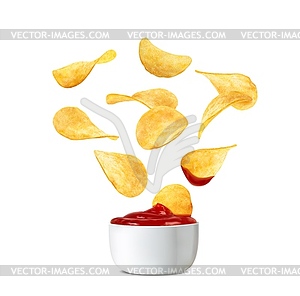 Falling realistic crispy potato chips and ketchup - vector clipart