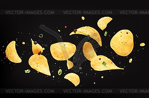 Flying crispy wavy potato chips with onion, spices - vector image