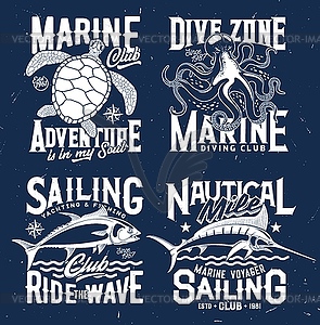 Tshirt print with sketch underwater animals - vector image