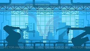 Industrial factory conveyor, automated robot arms - stock vector clipart