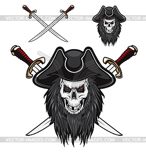 Pirate skull in hat with crossed sabers, tattoo - vector clipart