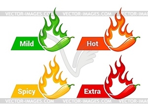 Горячий острый уровень 2, огонь пламя и перец - клипарт в векторе